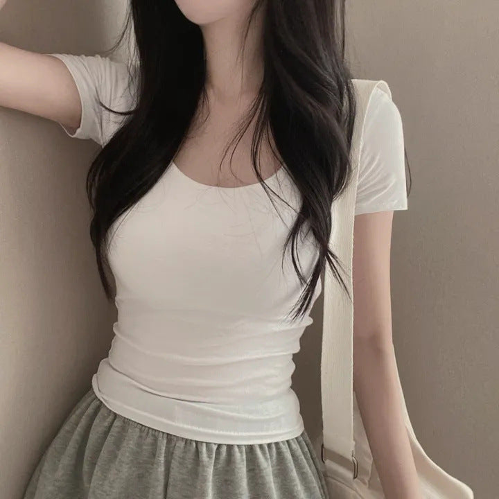 ZLLKL Manufacturer 5 colors, basic square neck short-sleeved t-shirt, short base thin slim slim top, women's summer and Korean version pure cotton