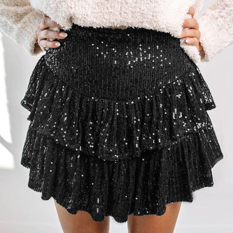 2025 new Spice Girl beaded skirt women's autumn sequined sexy skirt solid color pleated skirt