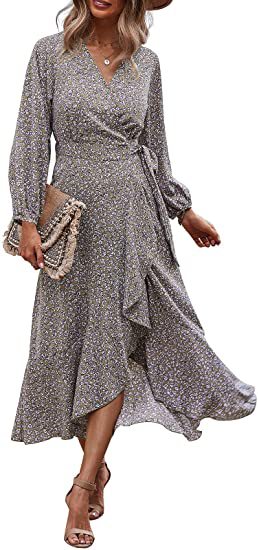 Zllk In Stock! European and American Foreign Trade Women's Long Sleeve Wrap Dress Flower Printed V-neck Autumn and Winter Dress