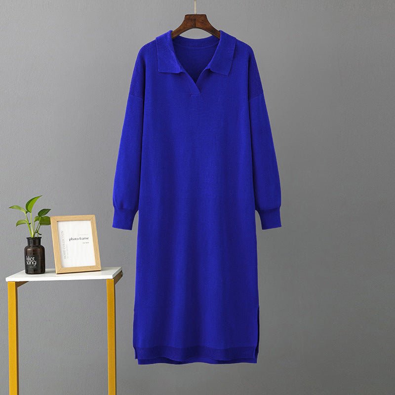 ZllKl 23 autumn and winter new 2025 Polo collar bottoming knitted long dress loose large size solid color women's dress
