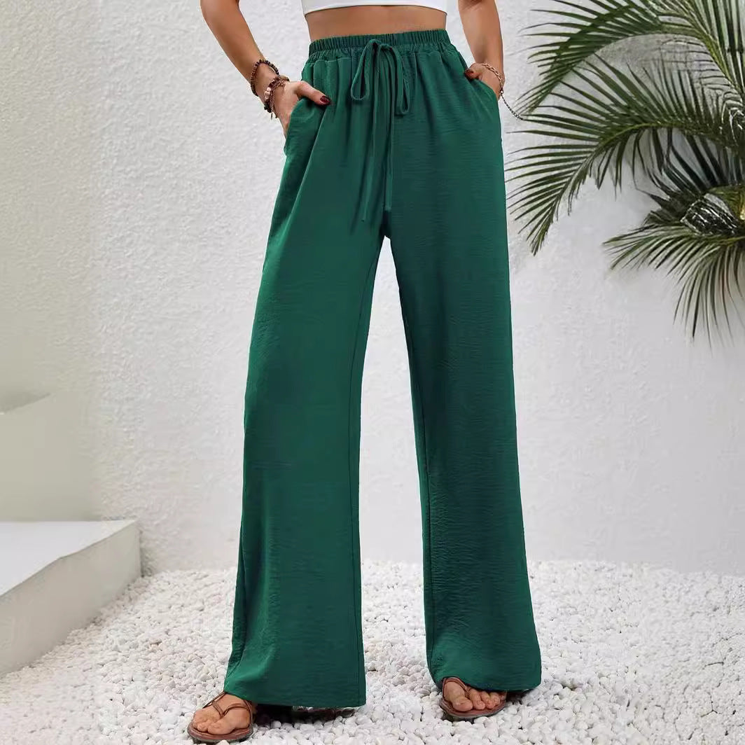 ZllKl Tiktoktemu European and American Women's Clothing Spring and Summer New Versatile Solid Color Mop Wide Leg Pants Casual Pants