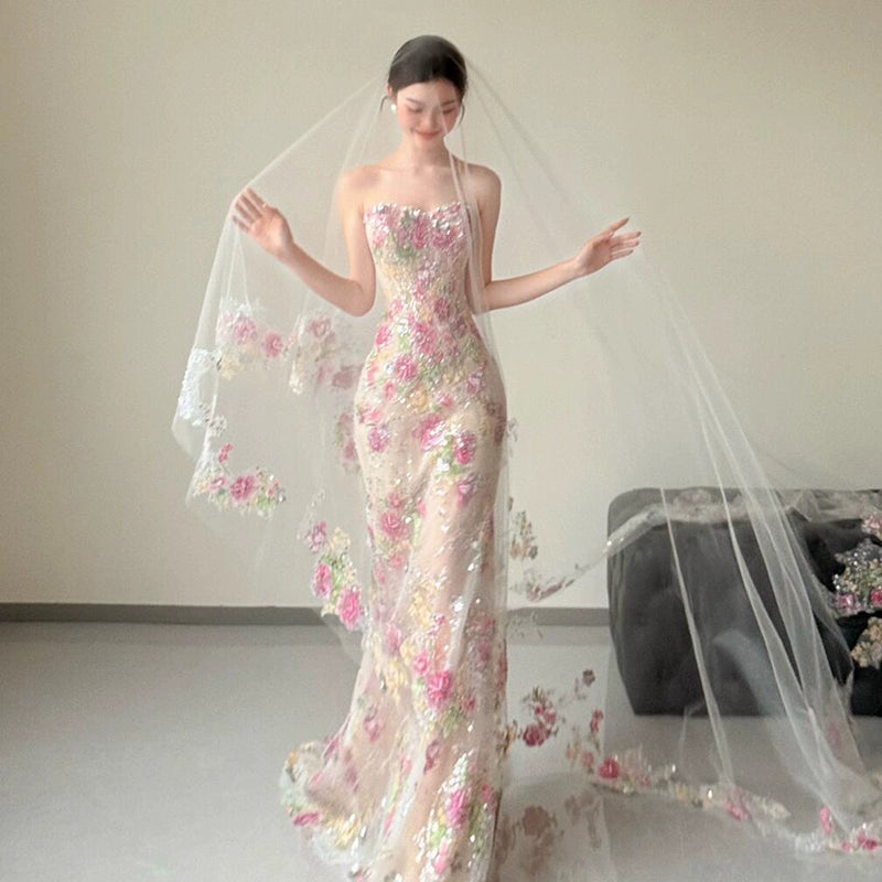 Morning robe female bride tube top high-end super fairy flower sequined fishtail dress temperament light luxury celebrity engagement dress