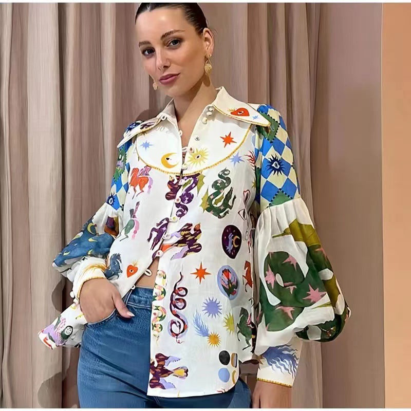 zllkl Autumn New Niche Design Single-Breasted Lapel Print Lantern Sleeve Temperament Long Sleeve Shirt for Women