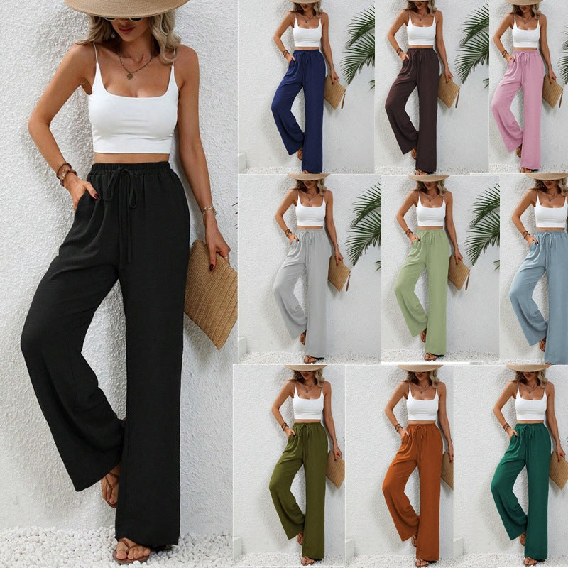 ZllKl Tiktoktemu European and American Women's Clothing Spring and Summer New Versatile Solid Color Mop Wide Leg Pants Casual Pants