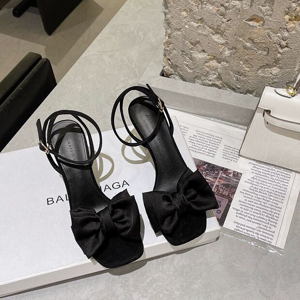 ZllKl Women's High Heel Sandals for Outer Wear New Korean Style Fairy Style Buckle Bow Women's Stiletto Heel Sandals Generation Hair
