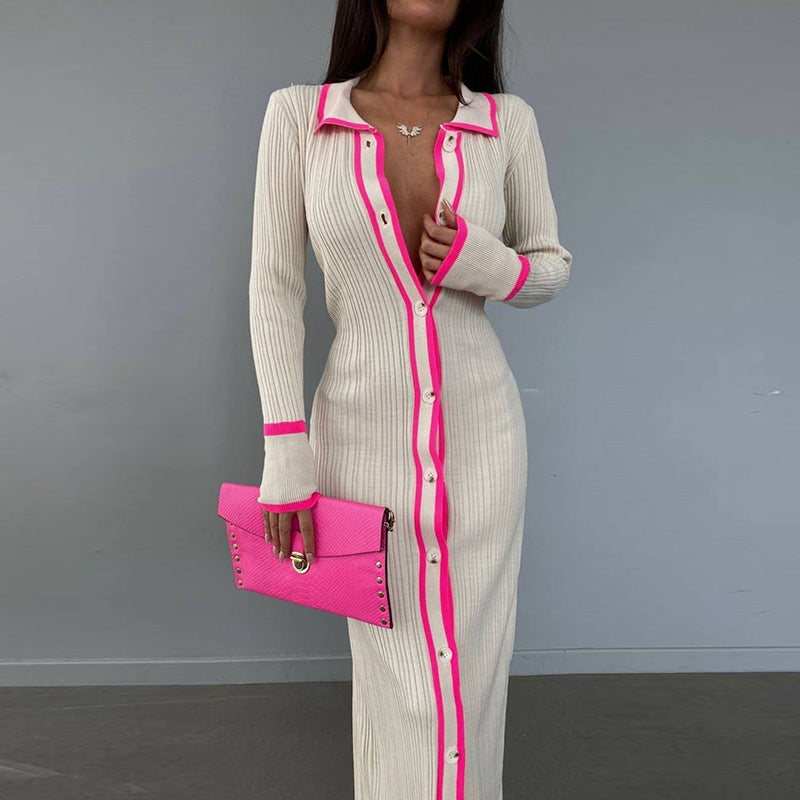 2025 New new products slim lapel splicing women's long-sleeved cardigan dress