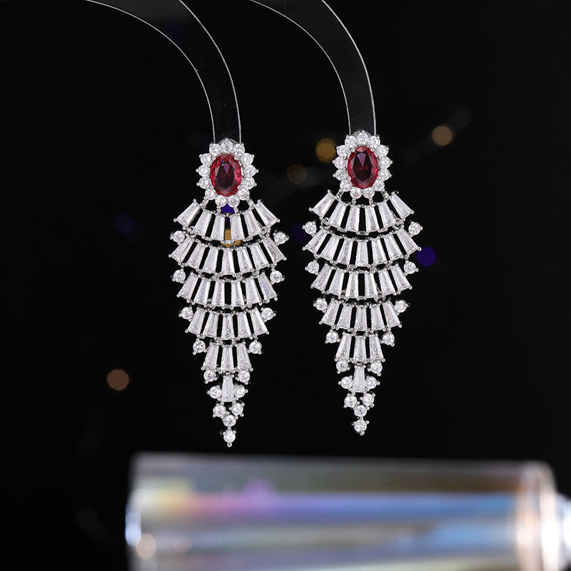 2025 Flowering with the same elegance temperament exaggerated zircon earrings full of colored treasures heavy industry earrings bridal banquet earrings