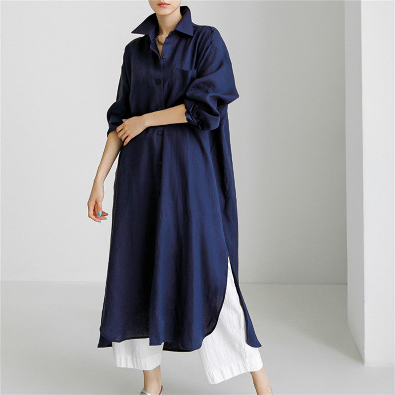 ZllKl Spring and Autumn Loose Oversized Shirt Dress Overknee Long Split Outer Wear Cotton Linen Shirt Solid Color Dress