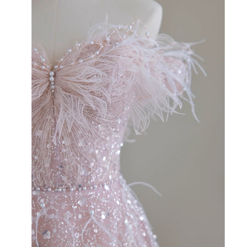 2025 Pink feather evening dress women's high sense one-word shoulder toast dress bride fairy temperament socialite engagement banquet princess dress