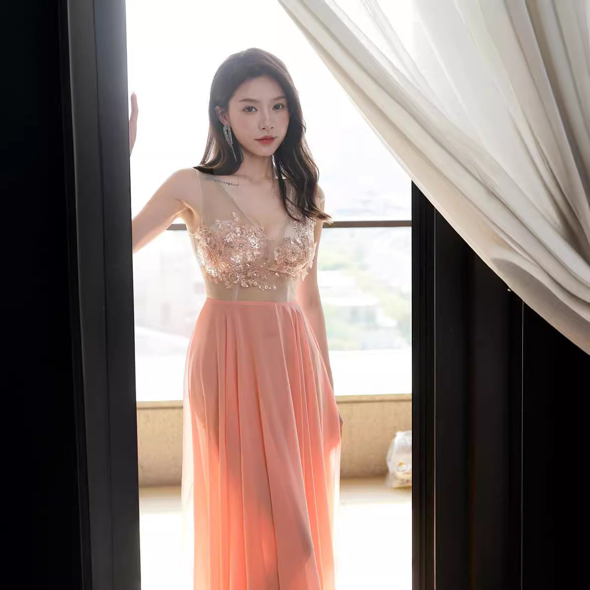 2025 Lace deep v sexy pure desire mesh chiffon ktv princess dress hottie sexy low cut dress high-end bath