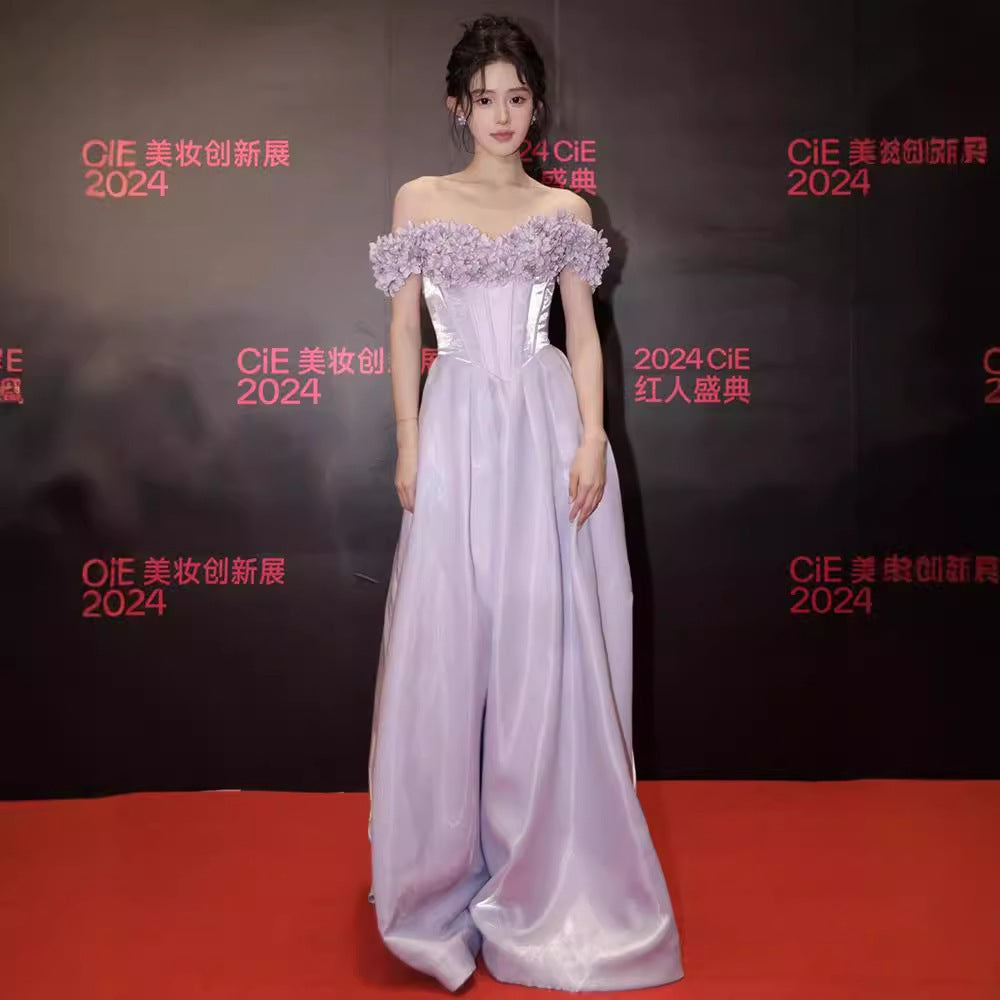 2025 Purple evening dress women's new three-dimensional flower shoulder dance dress host dress