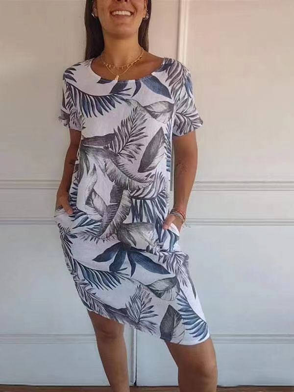 ZllKl Wish Independent Station Women's round Neck Loose Short Sleeves Printed Dress Women's Pocket Skirt