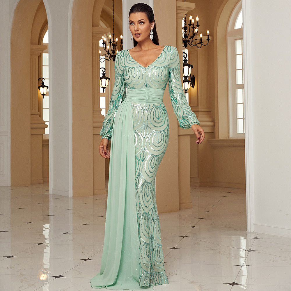r 2025 temperament long-sleeved sexy long sequined V-neck banquet streamer evening dress bridesmaid dress women