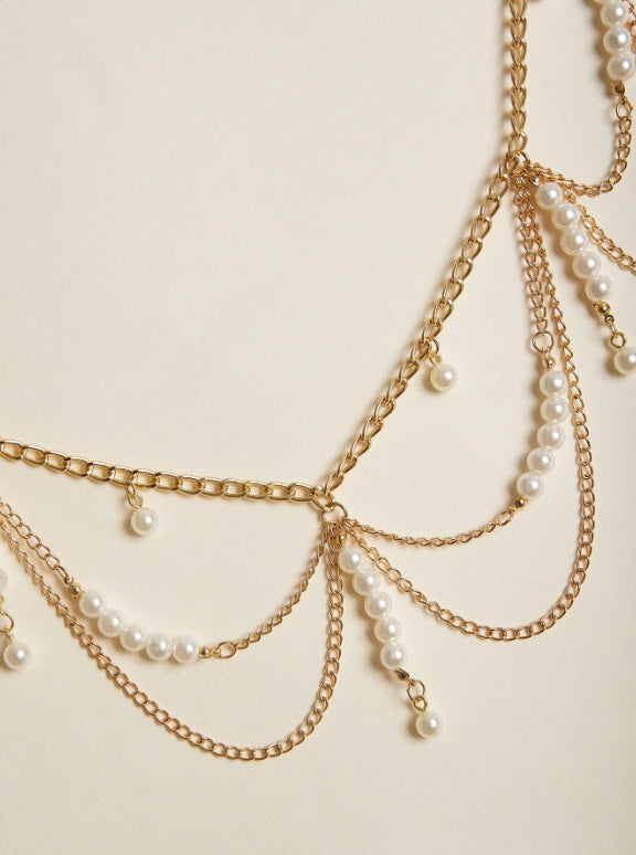 3468 2025 hot-selling metal chain splicing pearl waist chain multi-wave fringed chain fashionable personalized waist chain waist jewelry
