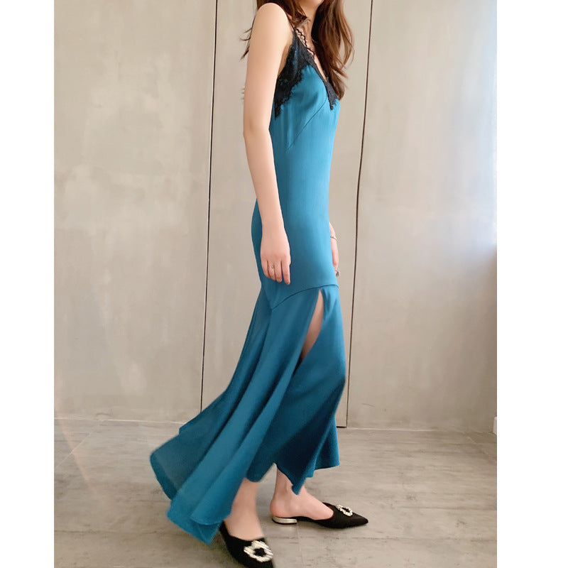 Silk suspender dress women's popular spring and summer new lace retro blue sexy suspender long skirt