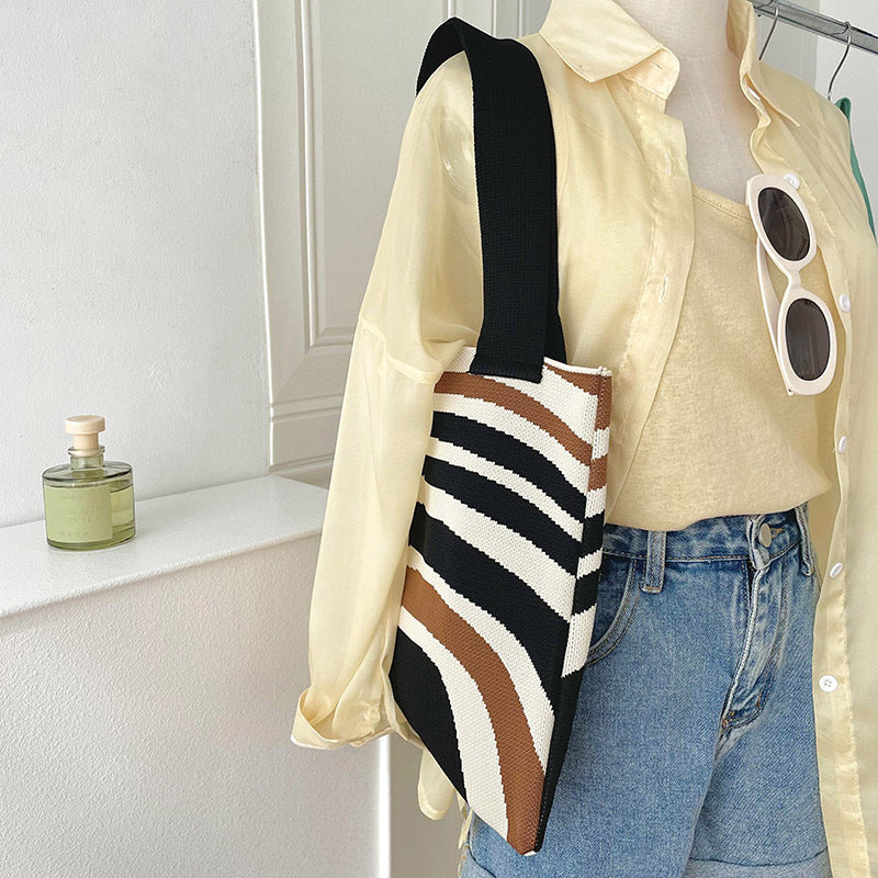 ZllKl Cross-Border Knitted Shoulder Hand Holding Tote Simple Striped Student Shopping Canvas Bag Large Capacity Women's Bag