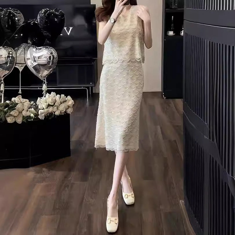 2025 popular Summer New Light Luxury Celebrity Lace Embroidery Crew Neck Sleeveless Top Women's Skirt Two-piece Set