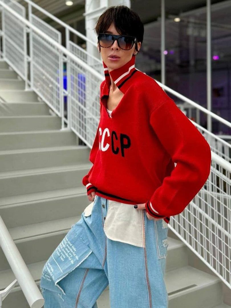 niche letter jacquard V-neck sweater women's winter casual loose lazy wind versatile pullover knitted sweater