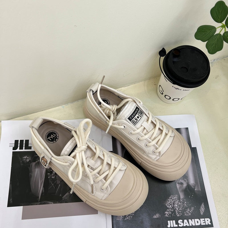 ZllKl Women's Thick-Soled Doll Head Canvas Sneakers New Bread Sports Casual All-Match White Shoes for Students