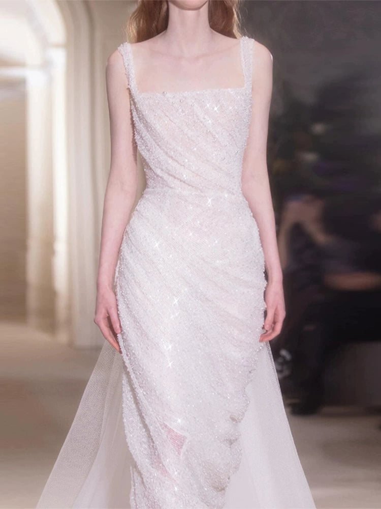 Suspender light wedding dress niche sequins high sense super fairy fishtail skirt temperament thin banquet celebrity style evening dress women