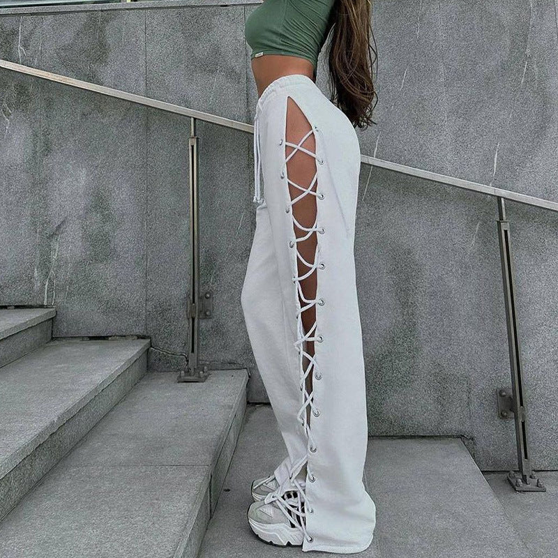 ZllKl Wy23078 Summer New European and American Style Street All-Match Slim-Fit Side Slit Lace-up Cutout Wide-Leg Pants for Women