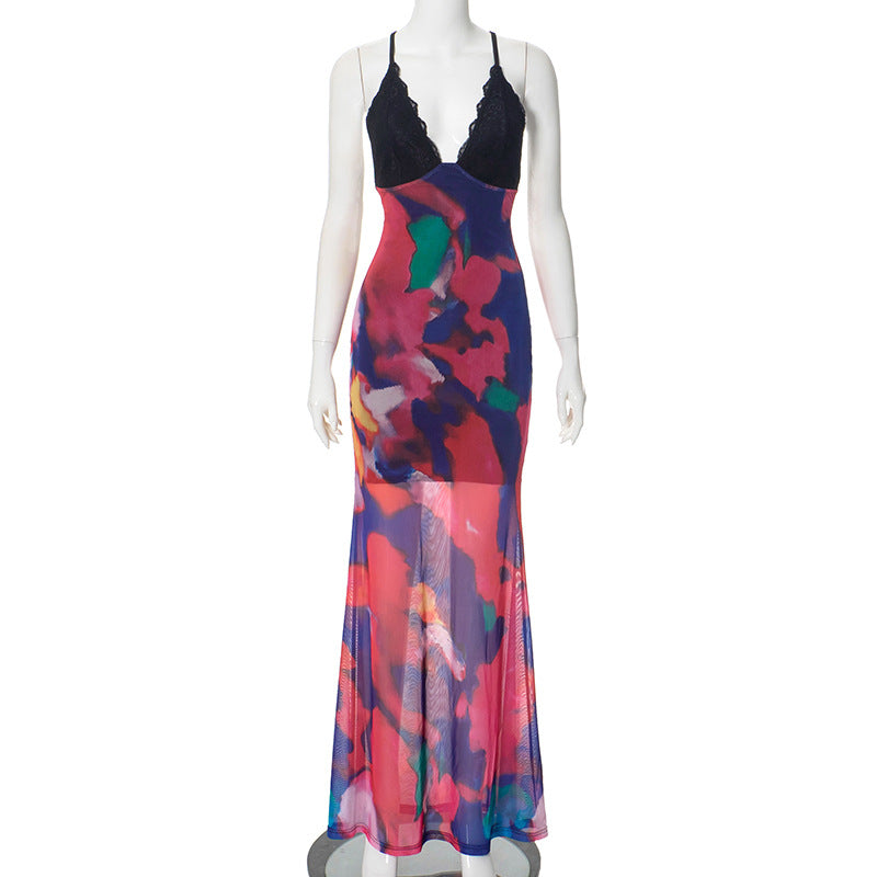 2025 D24DS214 women's clothing summer new temperament V-neck suspender backless slim high-waisted fishtail long dress