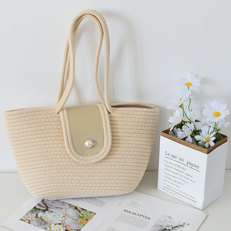 ZllKl Large Capacity Women's Shoulder Bag Crossbody Hand-Held Tote Straw Woven Woven Bag Pearl Cotton Underarm Pleated Cloud Design