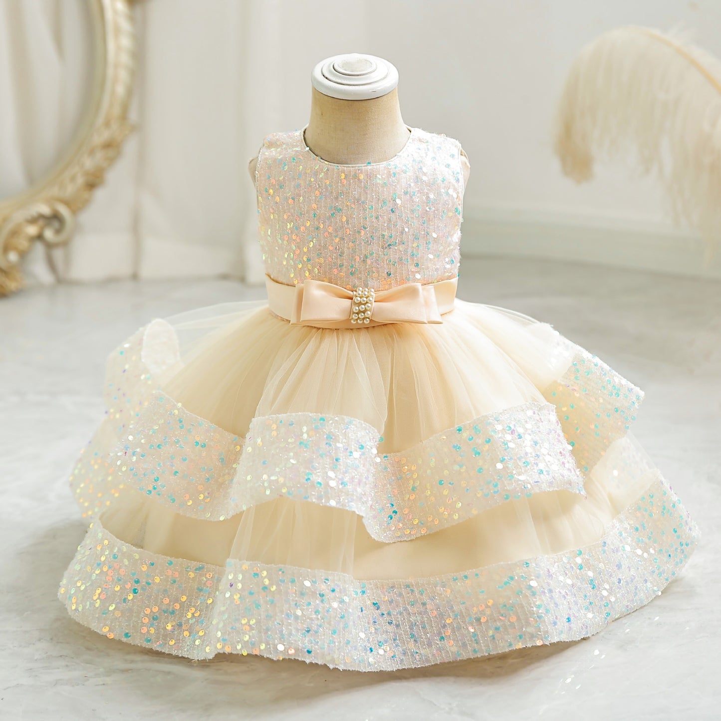 ZllKl Cross-Border New Arrival Red Children's Dress Sequined Princess Dress Baby Girl Birthday Banquet Skirt Girl Performance Wear
