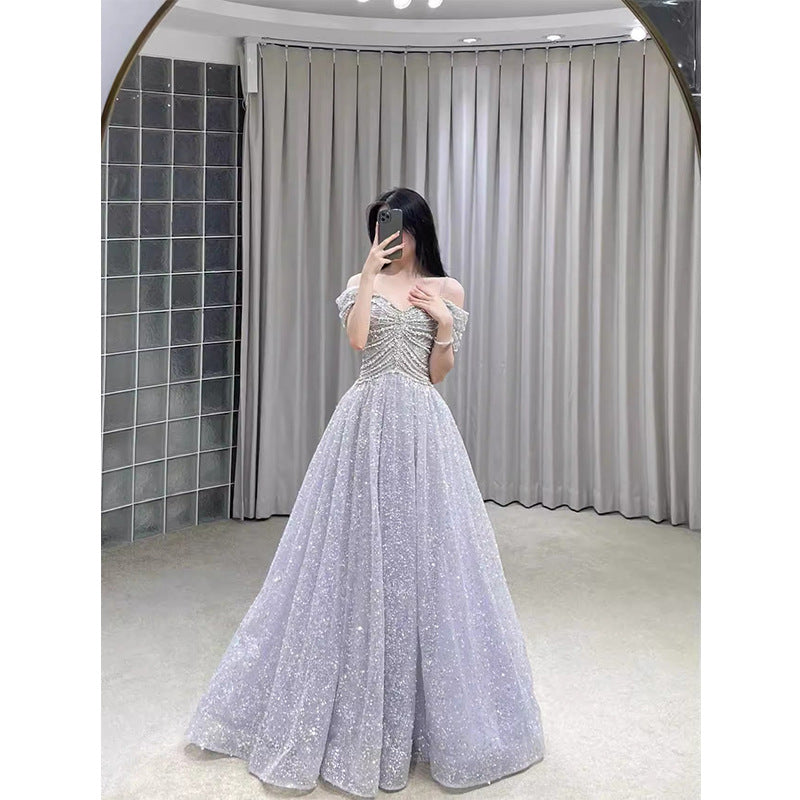 2025 light luxury banquet evening dress 2025 new suspender heavy industry fluffy long dress birthday party party dress
