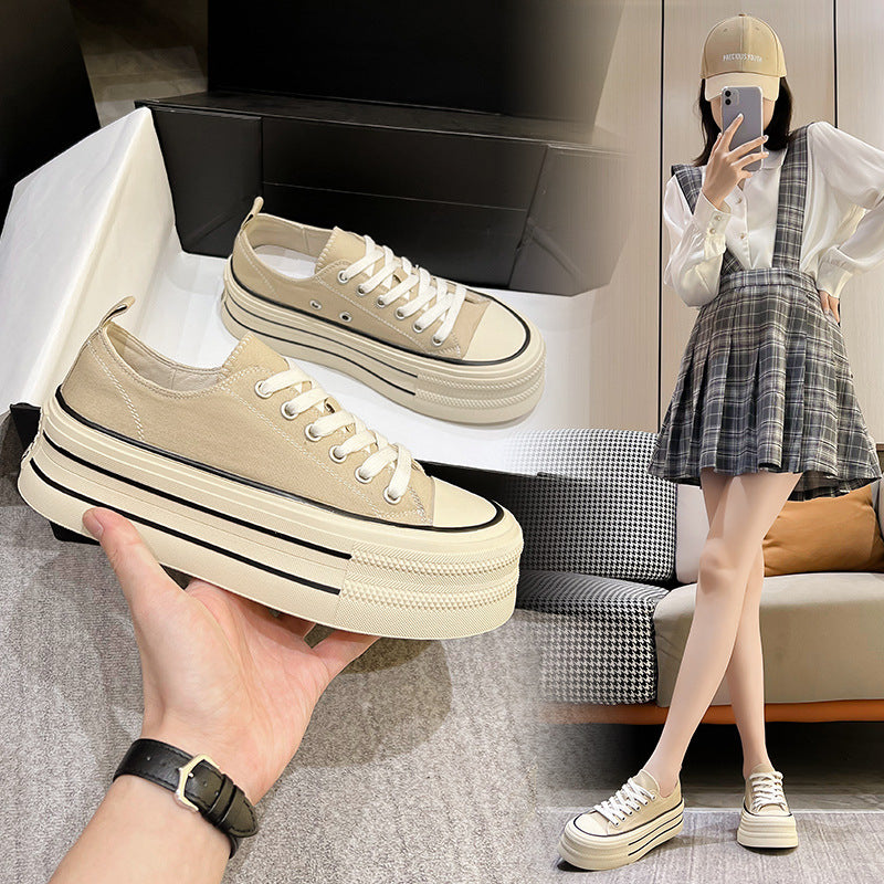 ZllKl Women's Thick-Soled Canvas Shoes Summer New Korean Style Casual Sneaker round Toe Lace-up Sneakers All-Match White Shoes
