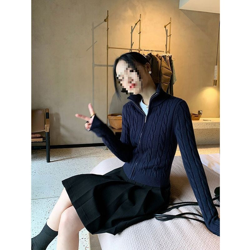 Black twisted flower long-sleeved knitted sweater women's clothing 2025 autumn and winter new zipper cardigan slim-fit sweater jacket