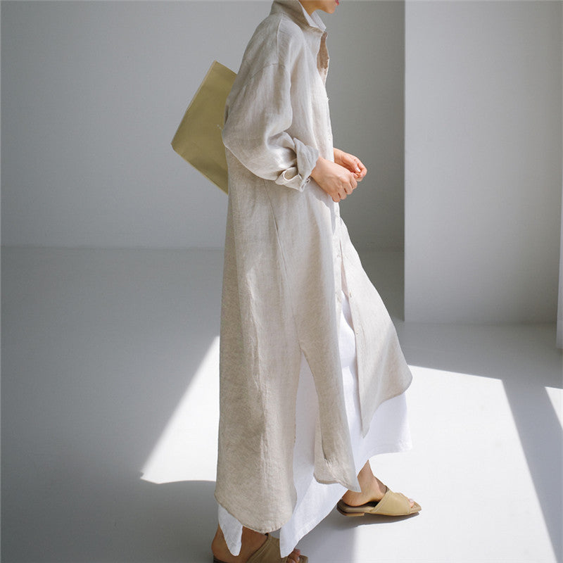 ZllKl Spring and Autumn Loose Oversized Shirt Dress Overknee Long Split Outer Wear Cotton Linen Shirt Solid Color Dress