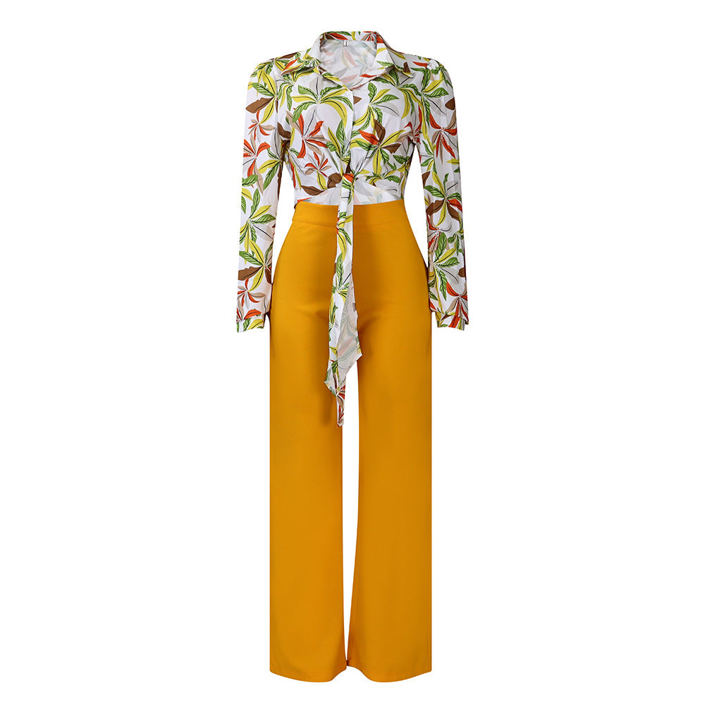 zllkl D3241 European and American Foreign Trade Women's Clothing Cross-Border Suit Autumn Print Lapel Long Sleeve Shirt Top Wide Leg Pants Two-Piece Set