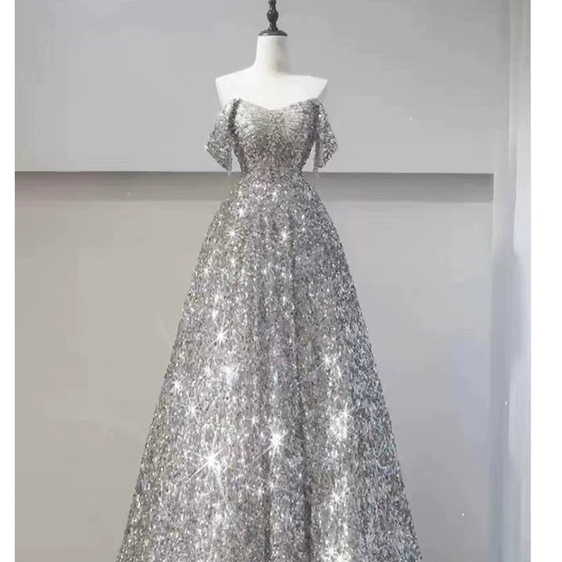 Evening Dress Female Senior Sense Hosting Student Day Bar Mitzvah Art Exam Bright Silver Toasting Dress Bridal Princess Dress
