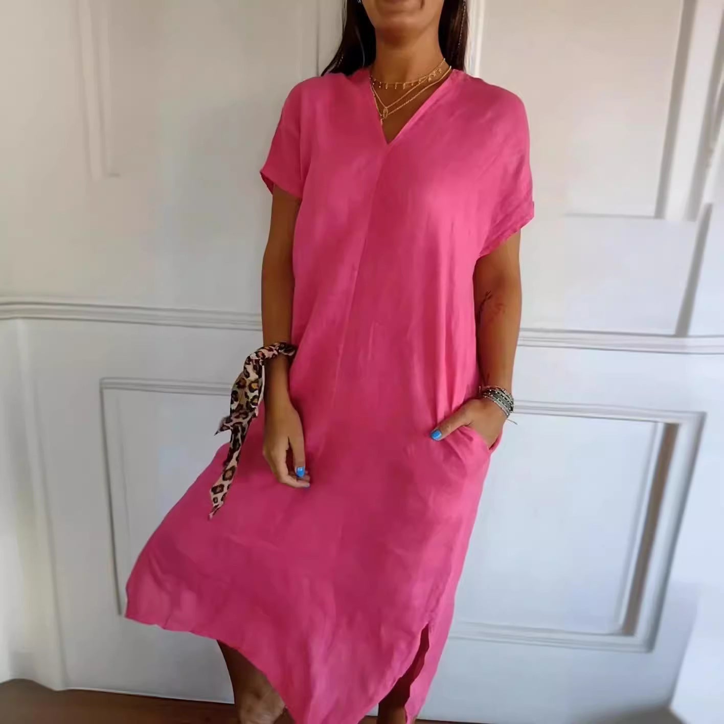 ZllKl Spring and Summer Cross-Border Independent Station New Cotton and Linen V-neck Short Sleeve Slit Loose Dress Women's Clothing