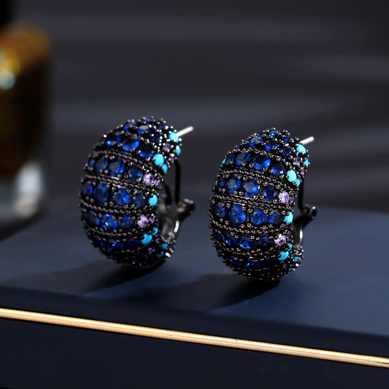 2025 S925 silver needle retro court style earrings zircon inlay design sense semicircular C ring buckle anti-lost stud earrings