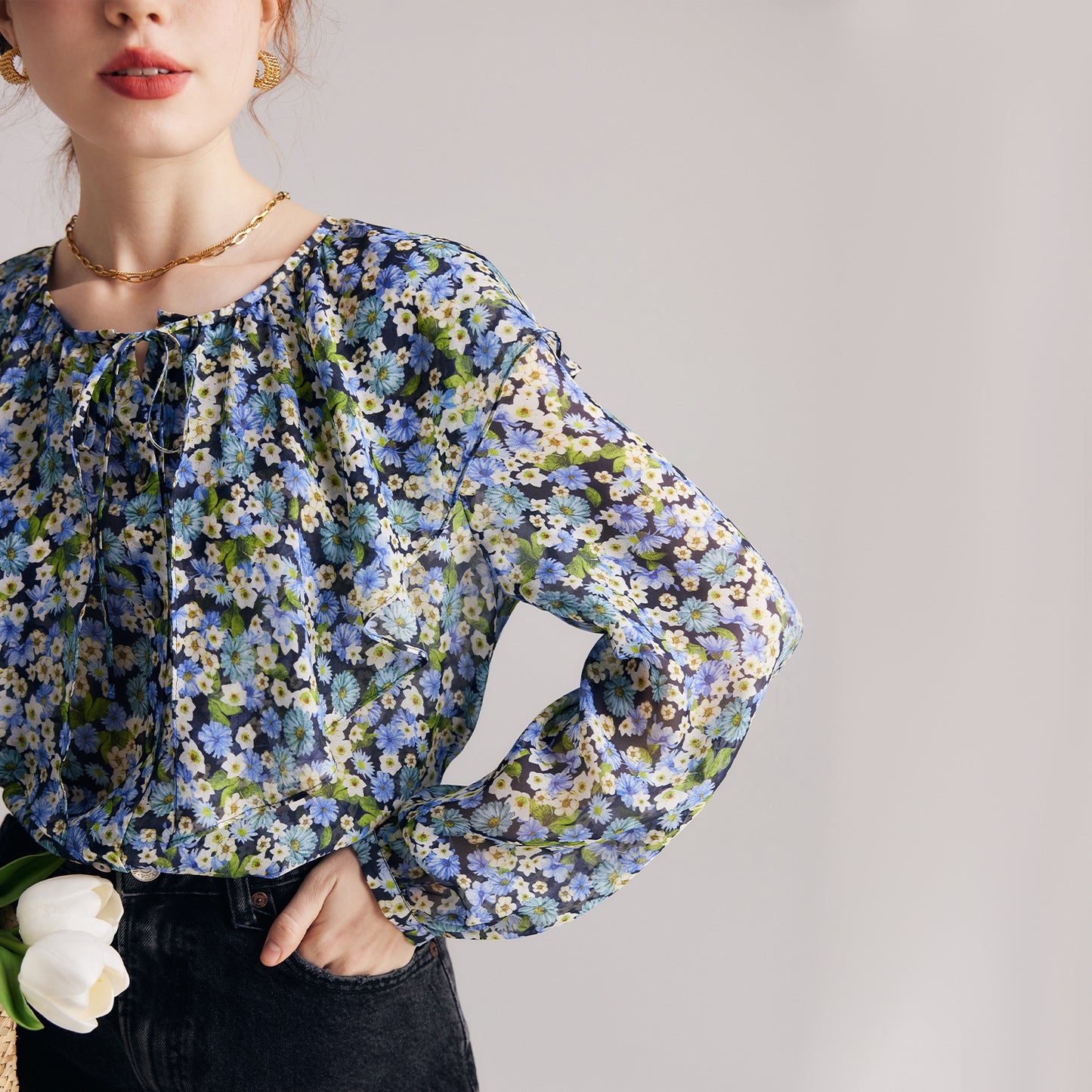 Silk shirt women's spring and summer new long-sleeved 100% mulberry silk chiffon elegant print shirt