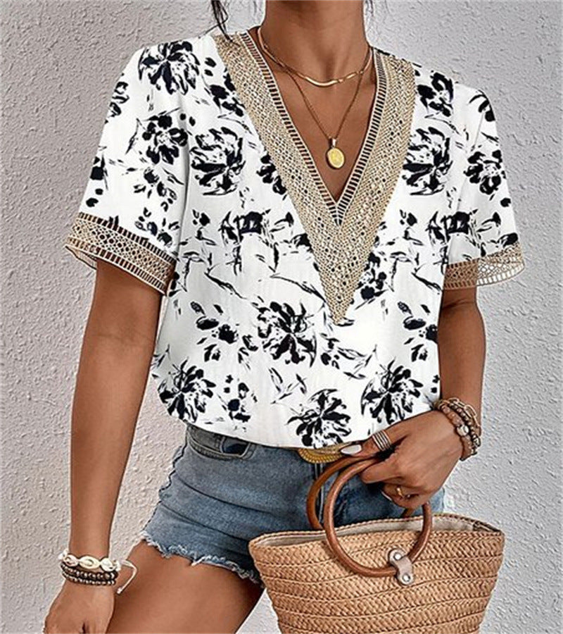 ZllKl Cross-Border EBay Women's Clothing V-neck Lace Loose Top Temperament Commute Short Sleeve Digital Printed T-shirt