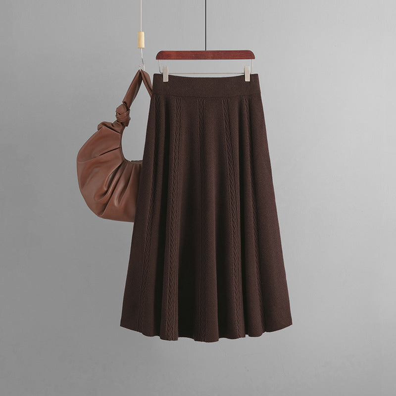ZllKl 2025 new medium and long autumn and winter pendant feeling a word khaki knitted skirt children's winter sweater