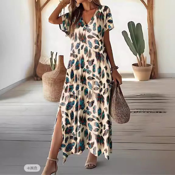 Zllk Women's Casual Dress Summer Digital Printing Split V-neck Street Style Short Sleeve Regular Dress