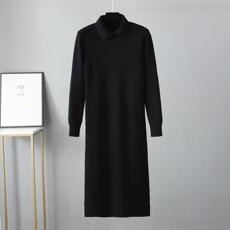 ZllKl POLO Neck Knitted Dress Long Sleeve Sweater Bottom Skirt Autumn and Winter New Medium and Long Skinny Bottom Knee Long Skirt