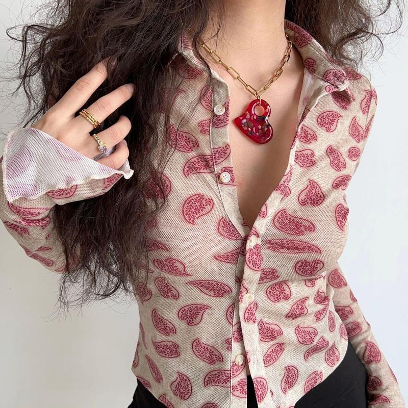 zllkl American Retro Fashion Slim Fit Polo Collar Hot Girl Long Sleeve Shirt Women Western Style Printed All-Matching Slim-Fit Crop-Top
