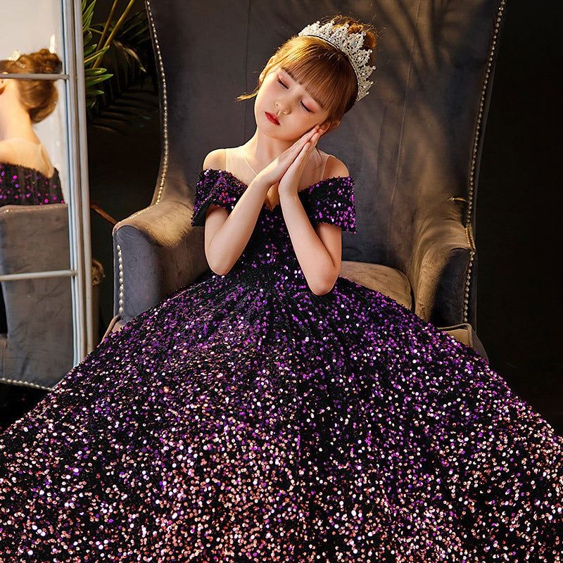 ZllKl Children's Dress Princess Dress Spring Girls Catwalk Flower Girl Tulle Tutu Host Costume for Piano Performance Dress