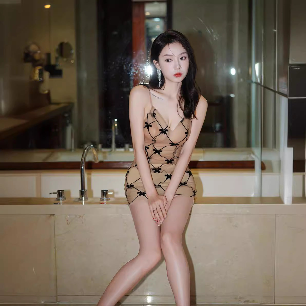 2025 Sexy hottie lace suspender V-neck chest design charm seduction hot uniform suspender dress women