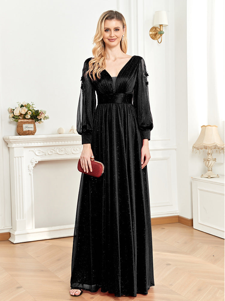 2025 new long-sleeved evening dress women's banquet sexy temperament slit V-neck banquet dress Popularan warehouse supply