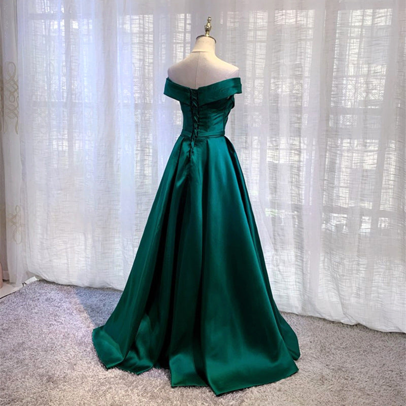 2025 One-word shoulder satin evening dress slim and thin performance chorus socialites banquet annual meeting host dinner dress