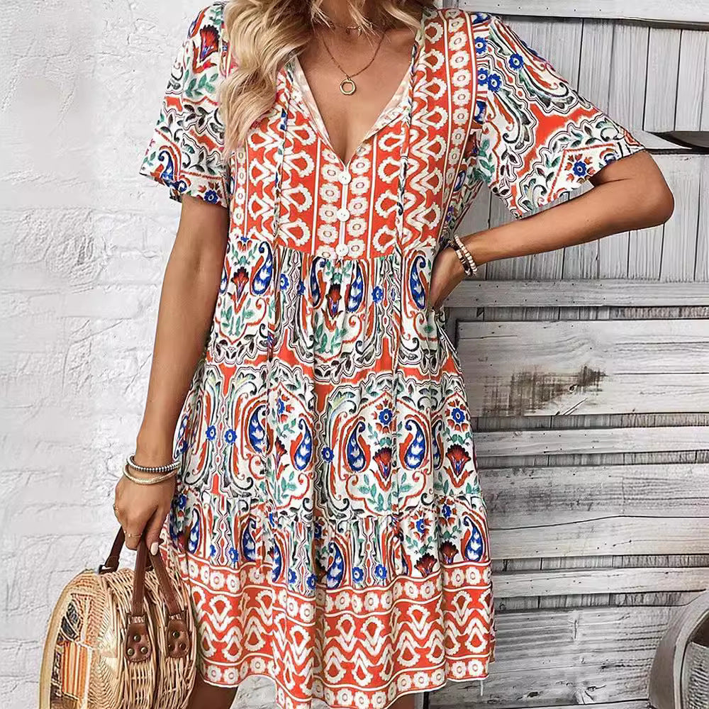 Zllk European and American Cross-Border Summer New V-neck Dress Fashion Loose Bohemian Printed Short Skirt