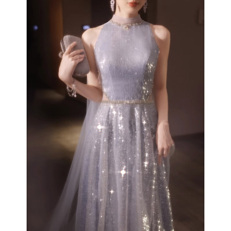 2025 Banquet evening dress 2025 new sequined art test high-end long dress blue neck bride return banquet toast dress
