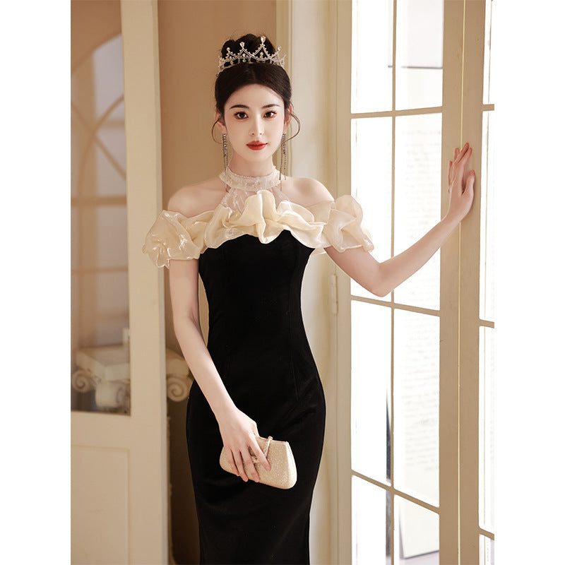 2025 Banquet temperament evening dress dress socialite black fishtail skirt high-end light luxury one-word shoulder host dress