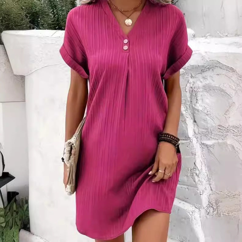 ZllKl Cross-Border European and American Women's Clothing New V-neck Solid Color Pullover Comfort and Casual Button Dress